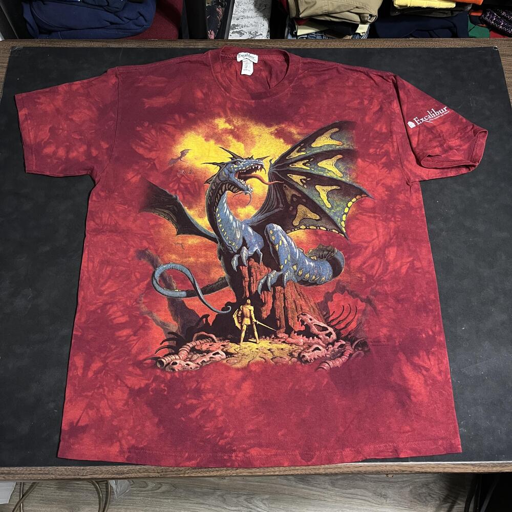 Vintage Excalibur Dungeon Dragon Knight Shirt Tie Dye Las Vegas Casino Mountain
